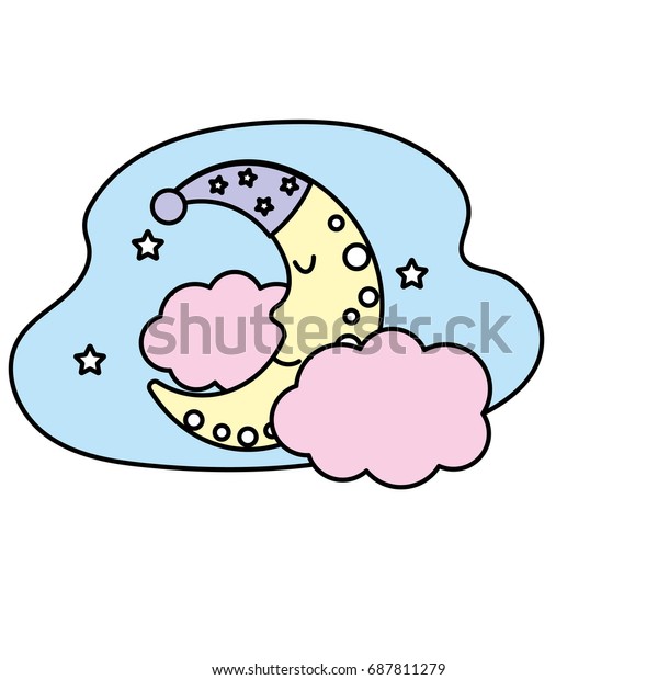 cute\
moon with sleep hat design and clouds with\
stars