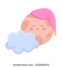 Cute moon in a sleeping cap hid behind the cloud, vector illustration. Cartoon drawing of lullaby element for children isolated on white background. Bedtime, decoration concept