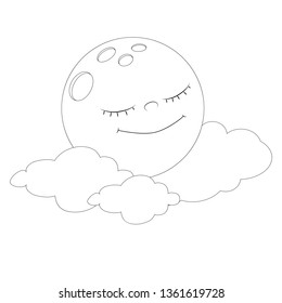 The cute moon is sleeping in the clouds and smiling happily. Cartoon positive celestial object.  Vector illustration for children's coloring book or page, designs and prints.