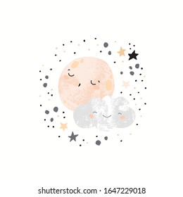 Cute moon sleeping on a smiling cloud. Hand drawn cartoon illustration for nursery design. Kids vector artwork in minimal style