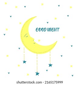 Cute moon sleeping with phrase good night. Adorable moon illustration for baby shower, nursery, kids room poster, wall art, card, invitaton.