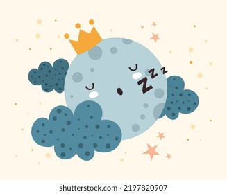 Cute moon sleeping. Poster or banner for website, design element for printing on childrens clothing, wallpaper. Rest, relax and dreams. Sky with stars and clouds. Cartoon flat vector illustration