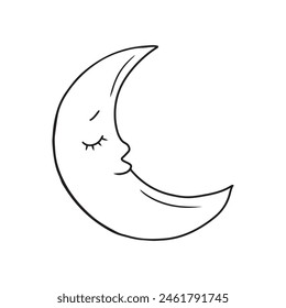 Cute moon smiling with closed eyes as a symbol of day dream slumber sleep. Hand drawn vector sketch illustration in doodle engraved line art vintage style. Child sleep catcher.