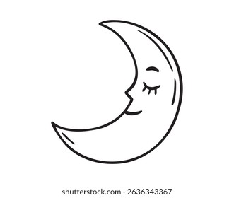 Cute moon smiling with closed eyes dream sleep element doodle hand drawn icon. Outline line drawing clipart symbol. Vector illustration