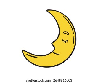 Cute moon smiling with closed eyes dream sleep element doodle hand drawn icon. colorful cartoon line drawing clipart symbol. Vector illustration