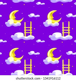 Cute moon, stairs, clouds and night sky with stars seamless pattern. Vector hand drawn illustration. Texture for printing, wrapping, wallpaper, fabric, and textile.