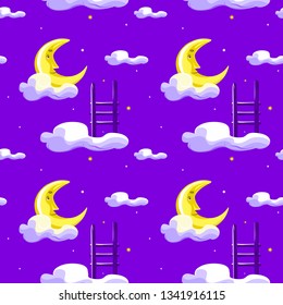 Cute moon, stairs, clouds and night sky with stars seamless pattern. Vector hand drawn illustration. Texture for printing, wrapping, wallpaper, fabric, and textile.
