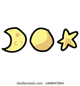 Cute moon and star cartoon vector illustration motif set. Hand drawn isolated galaxy elements clipart for planetary blog, constellation graphic, sci fi web buttons.