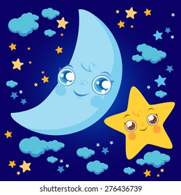 Cute moon and star characters at the night sky. Vector illustration