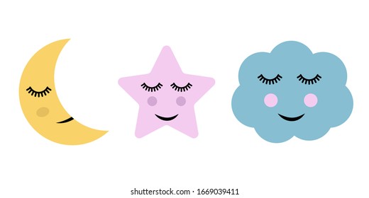 Cute Moon, Star and Cloud Illustration.