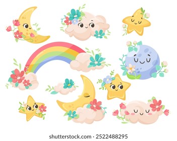 Cute Moon and Star with Flowers and Pretty Face Vector Set