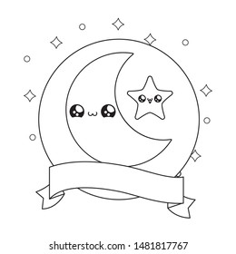cute moon and star in frame circular with ribbon kawaii style