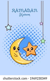 Cute moon and star at ramadan kareem cartoon illustration