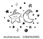 Cute moon and star sleep at night, children vector illustration.