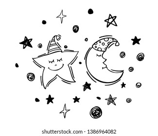 Cute moon and star sleep at night, children vector illustration.