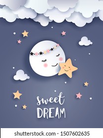 Cute moon and star,  Welcome baby greetings card, nursery poster, vector paper art