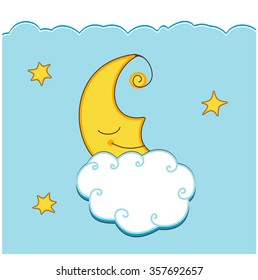 Cute moon and stars for baby background. Vector cartoon illustration.