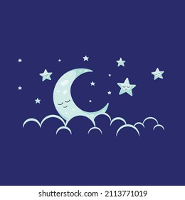 Cute moon, stars and cloud. Vector illustration.