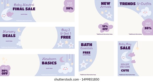 Cute moon, stars and clouds design set for kids/babies fashion sale promotion on social media, website and flyers. Flat graphic design template. Web template. Web banners. Flyer design. 