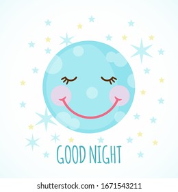 Cute moon with stars in flat style isolated on white background. Good night concept. Vector illustration. Design element for greeting card. poster or banner.