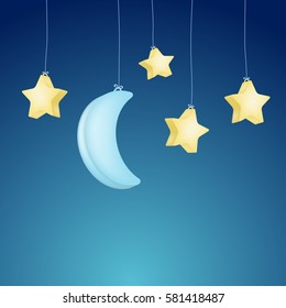 cute moon and stars hanging on night background. vector