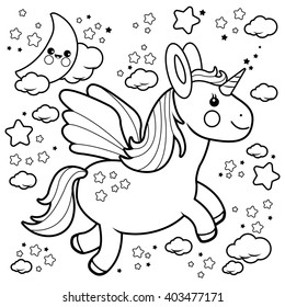 Cute moon and stars night sky with baby unicorn with wings. Unicorn baby horse flying in the night sky with moon, stars and clouds. Pretty baby room background. Vector black and white coloring page.