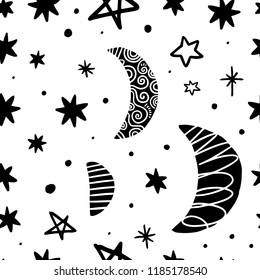 Cute moon and stars pattern. Nursery illustration, good for room decor, wall art, baby shower greeting card, poster, kids apparel and more. Eps, clip art