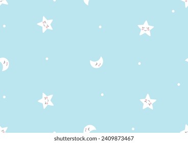 luna linda y estrellas sin costuras, doodle de luna y de media luna para fondo azul para niños