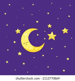 Cute moon and stars. Vector illustration.