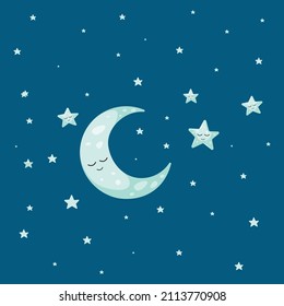 Cute moon and stars. Vector illustration.