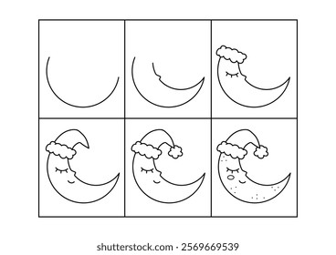Cute moon. Step by step drawing. Coloring page, coloring book page. Black and white vector illustration.