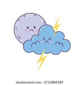 Cute moon and storm cloud with lightning in kawaii hand drawn style