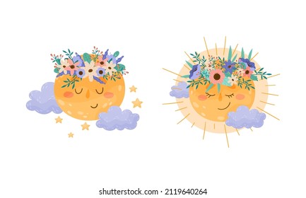 Cute moon and sun characters wearing wreaths of wildflowers set vector illustration