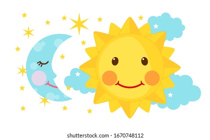 Cute Moon and Sun icons in flat style isolated on white background. Day and night concept. Vector illustration.