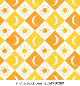 Cute moon and sun on diamond shapes seamless pattern in orange, amber and white. For wallpaper, textile and fabric 