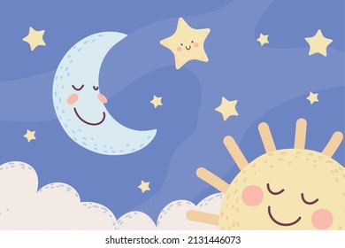 cute moon and sun sky cartoon