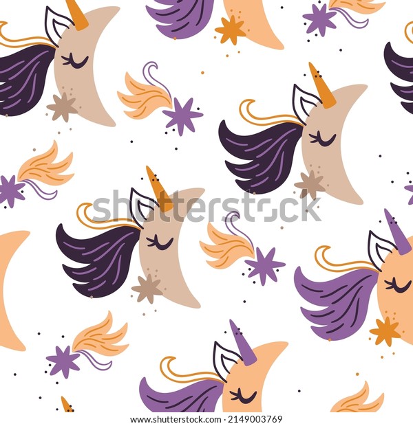 Cute moon with unicorn horn and falling stars\
seamless pattern. Creative texture for any kids design, fabric,\
wrapping, wallpaper, textile,\
appare