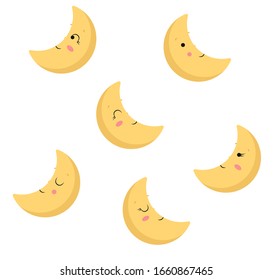 Cute moon vector illustration. Cartoon moon with cute face. Isolated on white background.