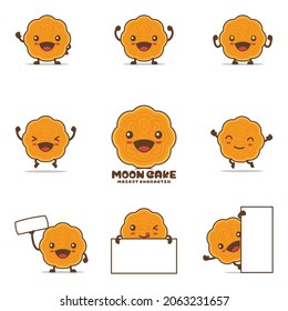 Cute Mooncake Cartoon. Traditional Chinese Cake Vector Illustration, With Happy Facial Expressions And Different Poses, Isolated On A White Background