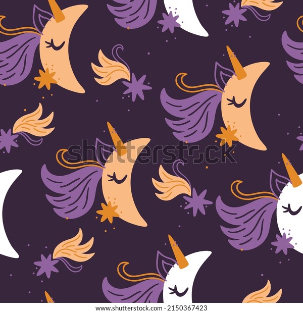 Cute moons with unicorn horn and falling\
stars seamless pattern. Creative texture for any kids design,\
fabric, wrapping, wallpaper, textile,\
apparel