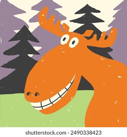 Cute moose animal character with horns in a wood. Colourful hand drawn illustration.