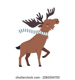 Cute Moose as Arctic Animal with Horns Wearing Scarf Vector Illustration