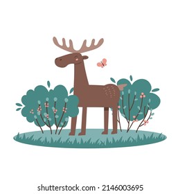 Cute moose character with antlers stands and grazes in the bushes isolated on white. Cartoon brown elk funny illustration. Flat woodland wild animal scandinavian vector clipart