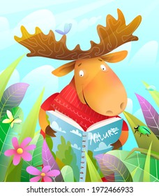 Cute Moose Character Reading A Book Or Studying In The Summer Forest, Framed With Grass And Flowers And Blue Sky Background. Vector Cartoon For Kids In Watercolor Style.