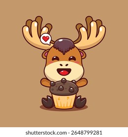 Cute moose with cup cake cartoon vector illustration
