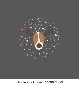 Cute moose, elk in scandinavian style flat illustration. Wild animal elk on gray backdrop. Child tshirt design idea. Hand drawn vector illustration