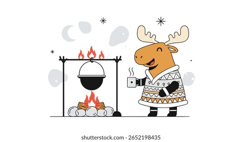 Cute moose enjoying hot beverage by cozy campfire in snowy winter evening illustration