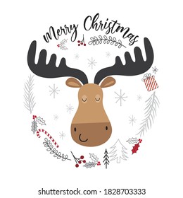 Cute Moose Face On Wreath, Vector Illustration