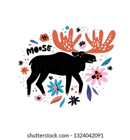 Cute moose flat hand drawn illustration. Black deer, reindeer with red antlers. Woodland animal character with lettering. Forest fauna. Zoo mammal. Elk clipart. Postcard, kid’s book design element 