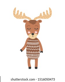 Cute moose flat hand drawn illustration. deer, reindeer. Woodland animal character. Elk clipart. Postcard, kids book design element